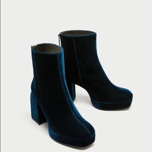 Zara Shoes - NWT Zara Teal Velvet Platform High Heel Ankle Boot
